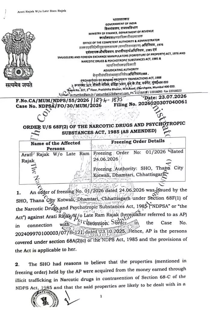33801-01 CG Crime : नशे के कारोबार पर पुलिस का सबसे बड़ा आर्थिक वार, 35.85 लाख की अवैध संपत्ति फ्रीज