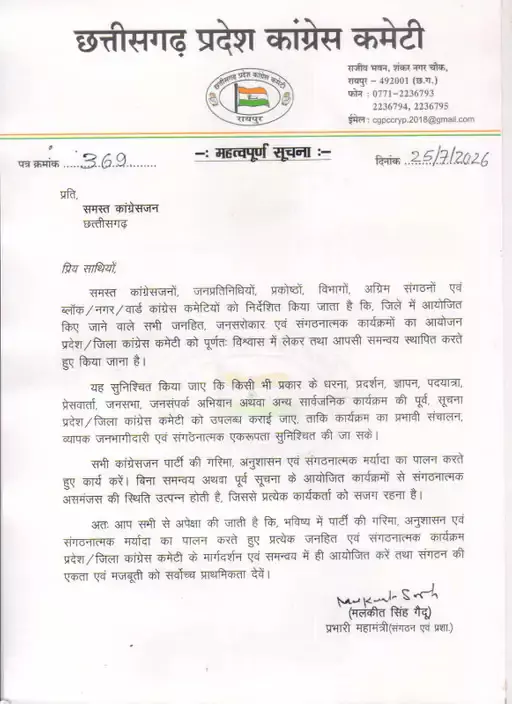 34205-untitledpng01 CG News : विधानसभा चुनाव से पहले कांग्रेस ने कसा संगठनात्मक शिकंजा: अब हर धरना-प्रदर्शन की देनी होगी पूर्व सूचना