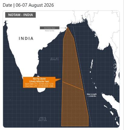 India issues NOTAM Indian Ocean: हिंद महासागर में भारत का NOTAM जारी, 6-7 अगस्त को मध्यम दूरी की मिसाइल परीक्षण की संभावना