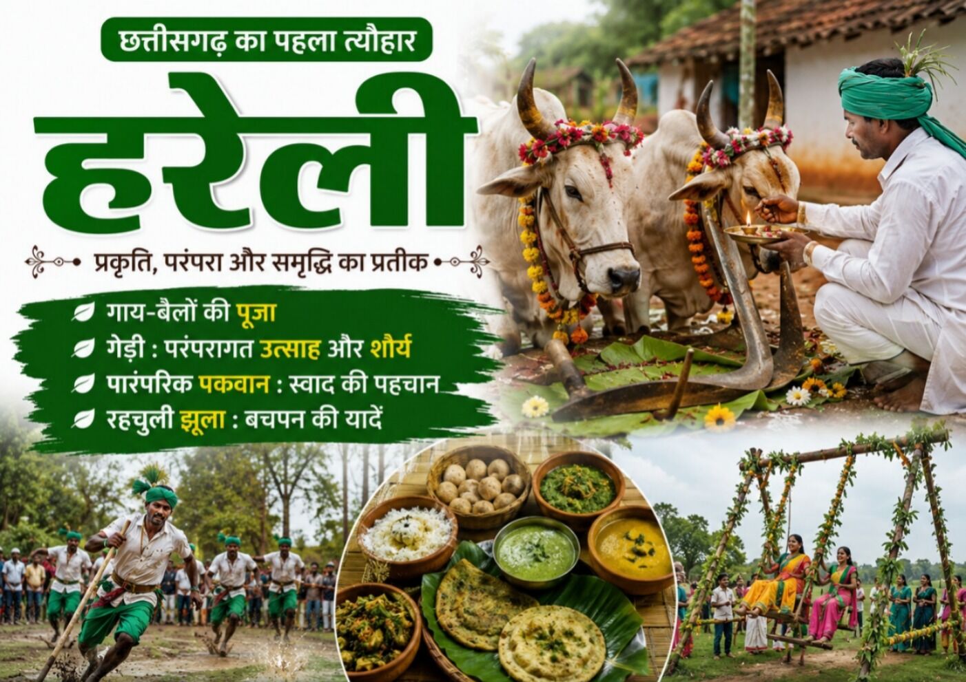 Hareli Tihar : छत्तीसगढ़ का पहला त्यौहार हरेली : गाय-बैलों की पूजा, गेड़ी, पारंपरिक पकवान और रहचुली झूला बिन अधूरा है ये पर्व