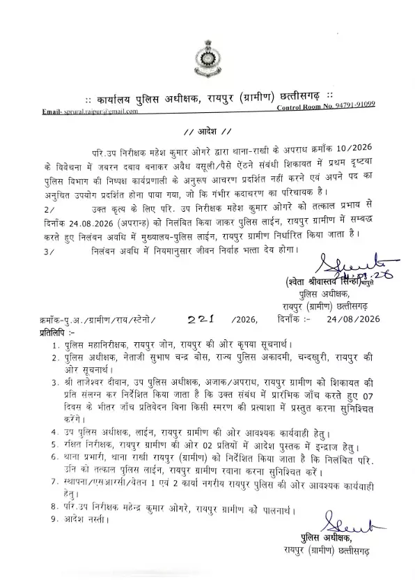 36848-image-361 SI Suspended : ट्रेनी SI पर गिरी गाज, अवैध वसूली की शिकायत पर SP ने किया निलंबित