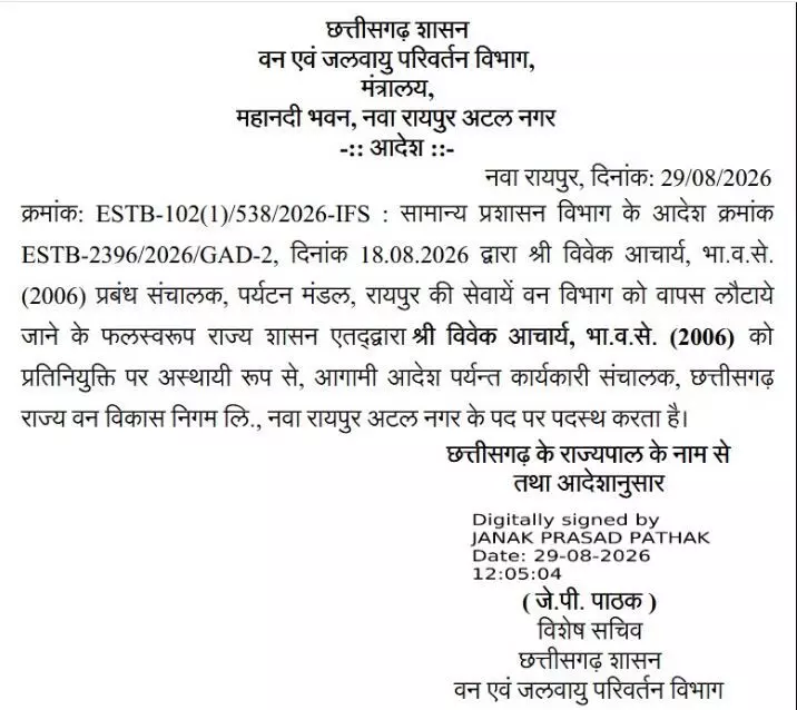 37169-order-01 IFS Vivek Acharya: IFS विवेक आचार्य को छत्तीसगढ़ राज्य वन विकास निगम मिली नई जिम्मेदारी, देखें आदेश