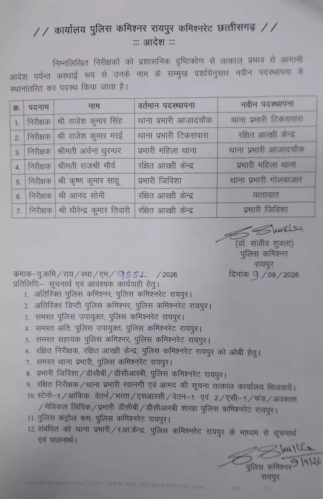 38392-whatsapp-image-2026-09-09-at-55547-pm Raipur Police Transfer : रायपुर कमिश्नरेट में बड़ा फेरबदल, 7 थाना निरीक्षकों का तबादला; देखें लिस्ट