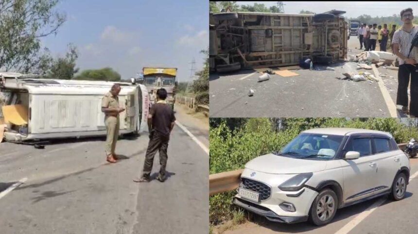 CG Accident : कार से टक्कर के बाद नेशनल हाईवे पर पलटी एंबुलेंस, तीन लोग घायल